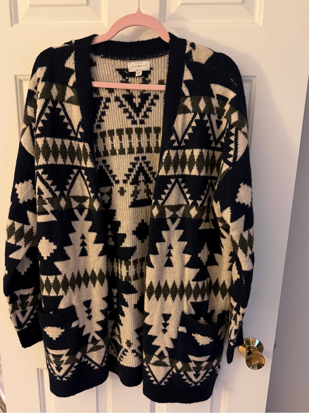 Lucky Brand Black, Cream & Olive Aztec Southwest Print Open Cardigan Size L